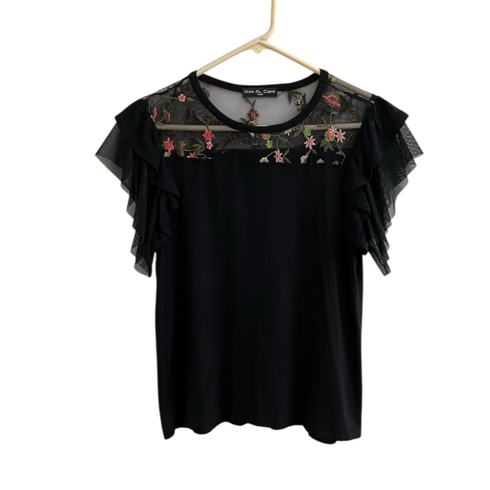 Kim & Cami Vintage Top Womens Small Floral Embroidery Mesh Flutter Short Sleeve